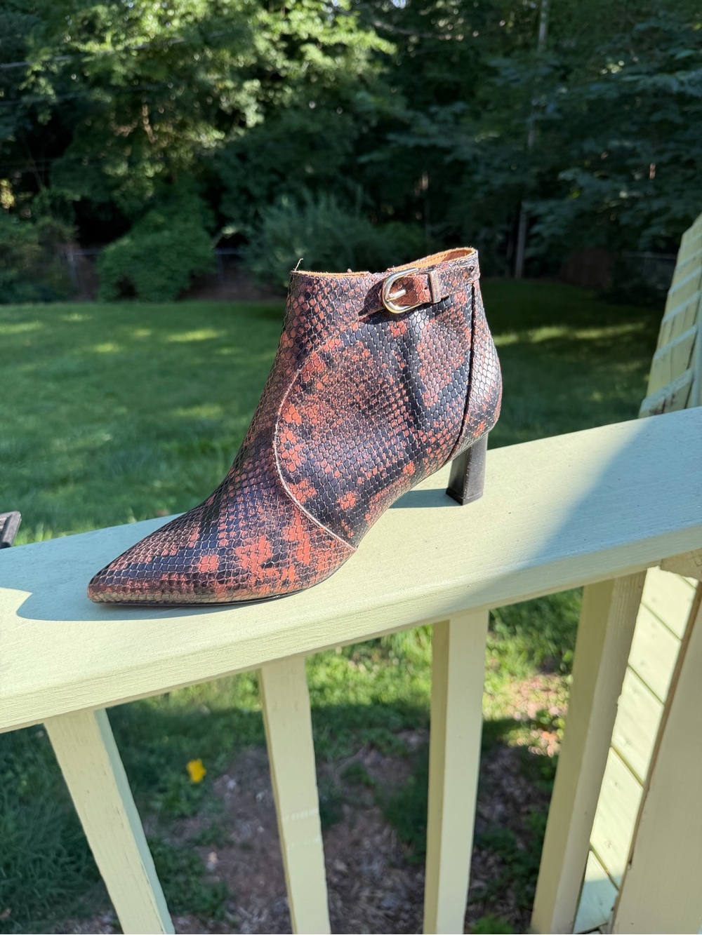 Rust snake print ankle bootie with gold hardware